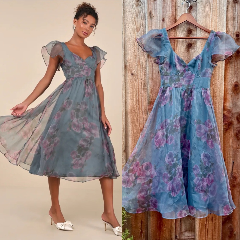 Slate Blue and Pink Floral Organza Ruffled-Sleeve A-Line Midi Dress 🌿